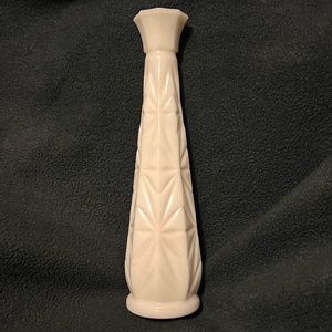 Vintage 9” milk glass vase Starburst Pattern Pressed Glass Mid Century Modern.